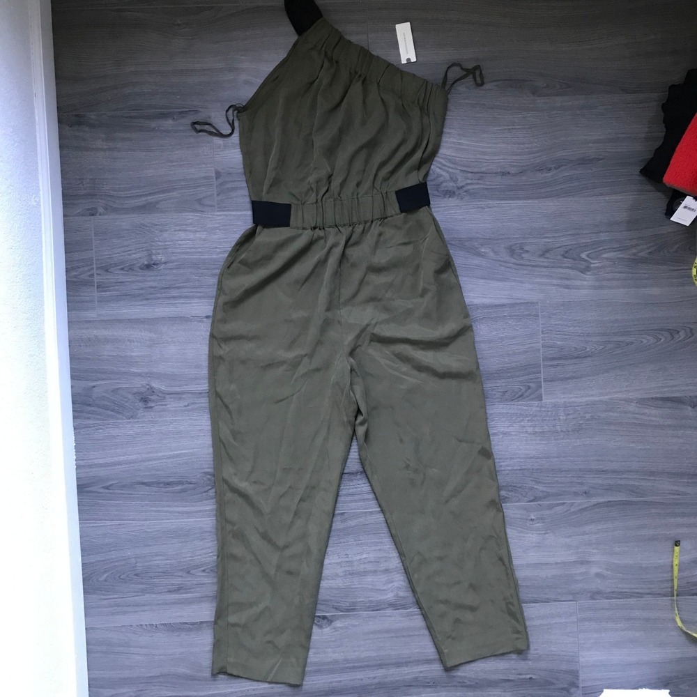 Maeve Anthropologie One Shoulder Jumpsuit Moss Green Elastic Waist Size 8 NWT